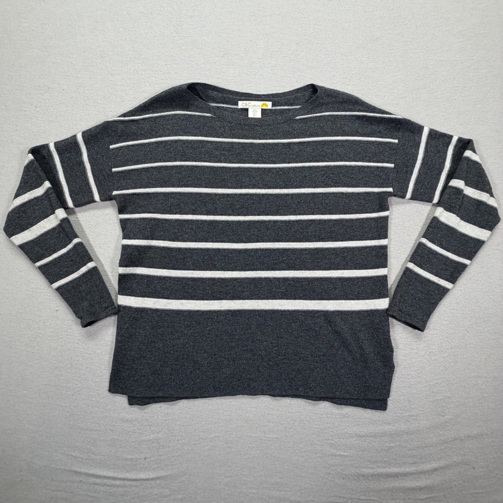 C&C California Sweater Womens S Charcoal White Striped Merino Wool Blend